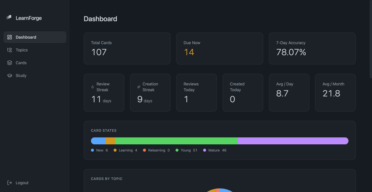 LearnForge dashboard showing spaced repetition study progress with Bloom's Taxonomy levels
